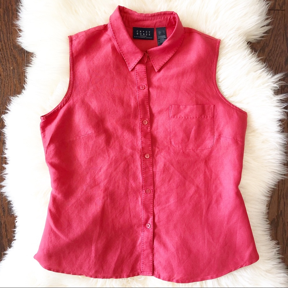 Crazy Horse Sleeveless Button Down Collard Top L